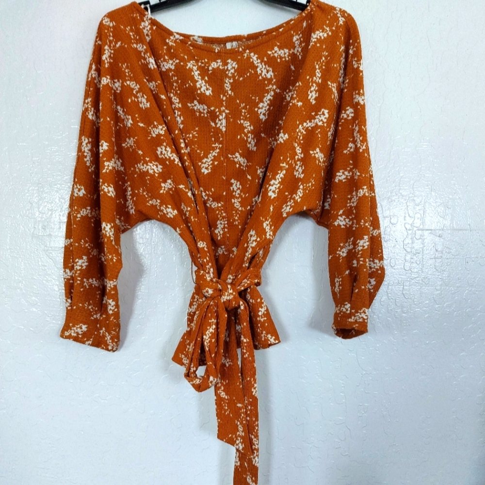 Anthropologie Fit Flare Caramel Orange Blouse, small.